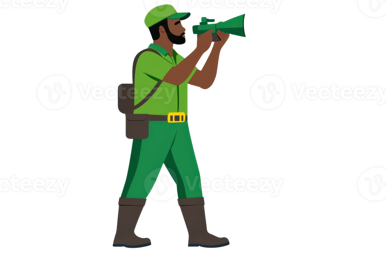 A soldier in green uniform aims a rifle, showcasing a focused stance with military gear. png