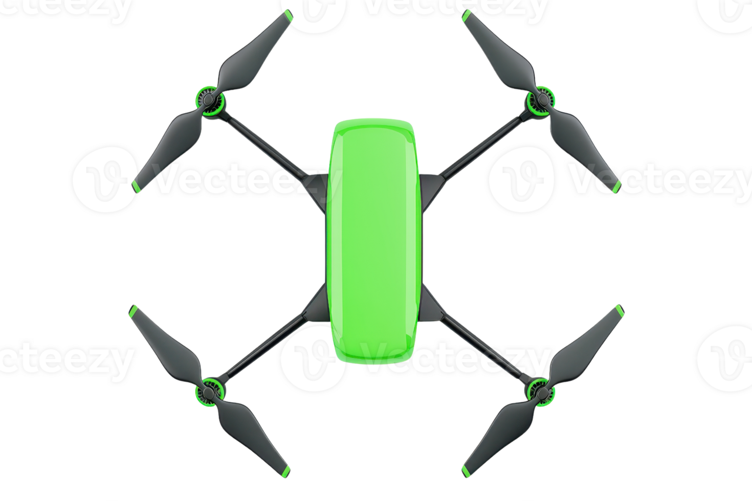 A sleek, green drone featuring four propellers designed for aerial maneuverability and high-tech functionality. png