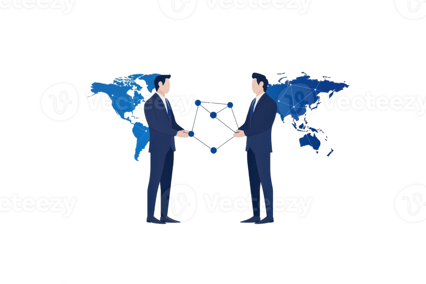 Two business professionals engage in a handshake against a world map backdrop, symbolizing global collaboration and partnership. png