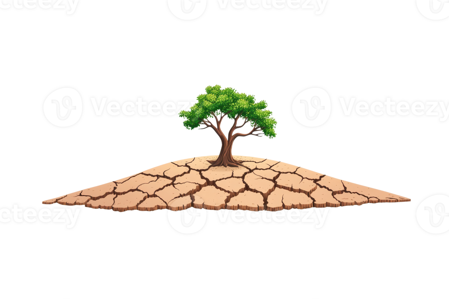 A solitary tree stands atop a cracked, dry mound, symbolizing resilience in a harsh environment. png