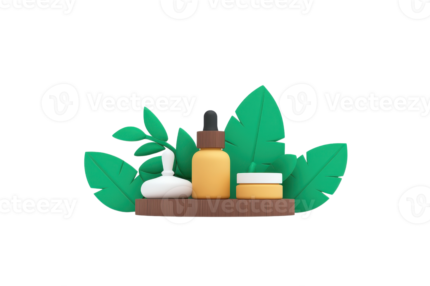 A collection of various skincare products displayed on a wooden surface, accompanied by lush green leaves. png
