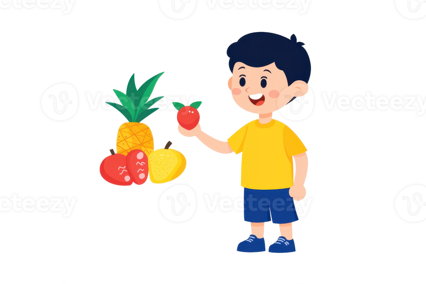 A cheerful boy holds an apple next to a colorful assortment of fruits, including a pineapple, strawberries, and a lemon. png