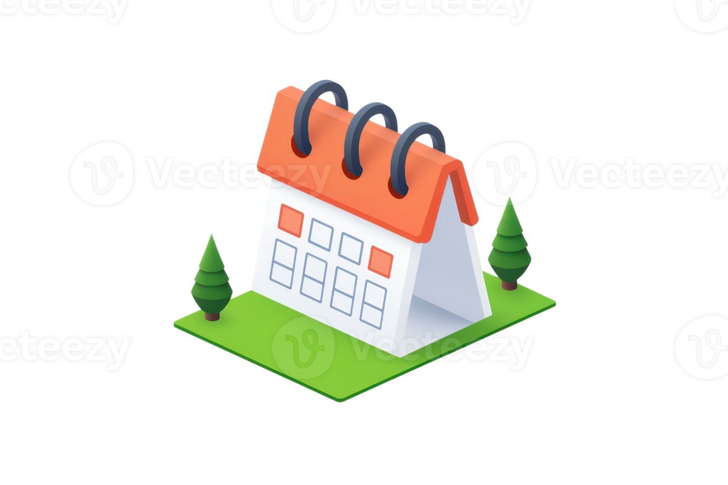 A stylized calendar with a vibrant orange top and spiral binding, set on a green base with miniature trees. png