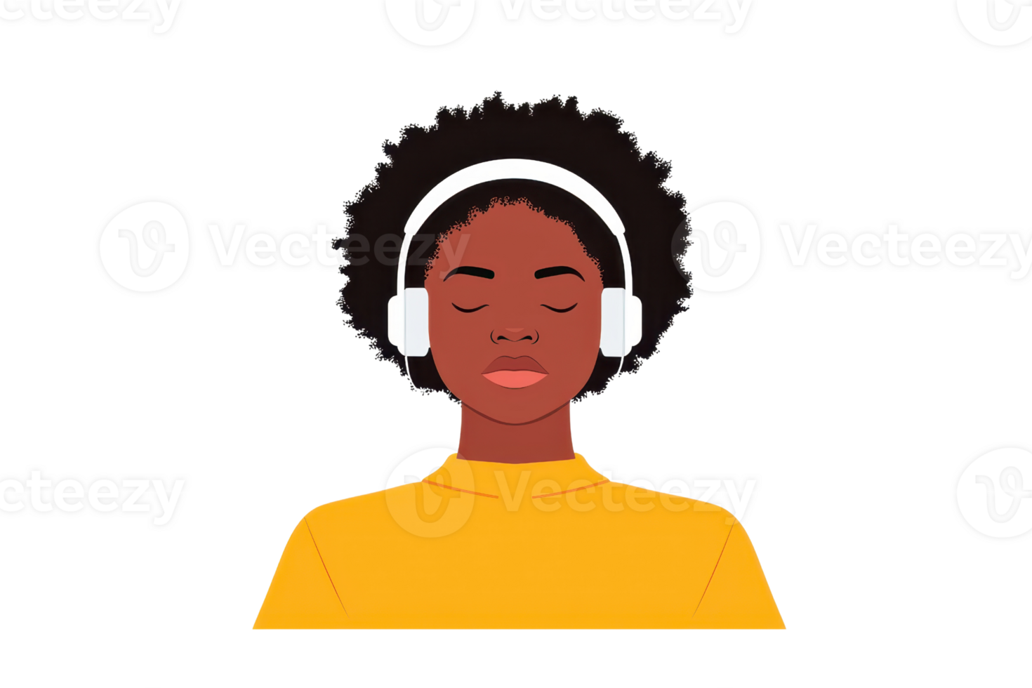 A young person with curly hair wearing headphones, eyes closed, enjoying music in a relaxed state. png