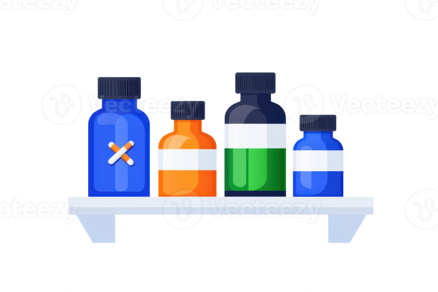 A row of colorful bottles on a shelf, featuring various designs and sizes, suggesting a collection of liquids or medications. png