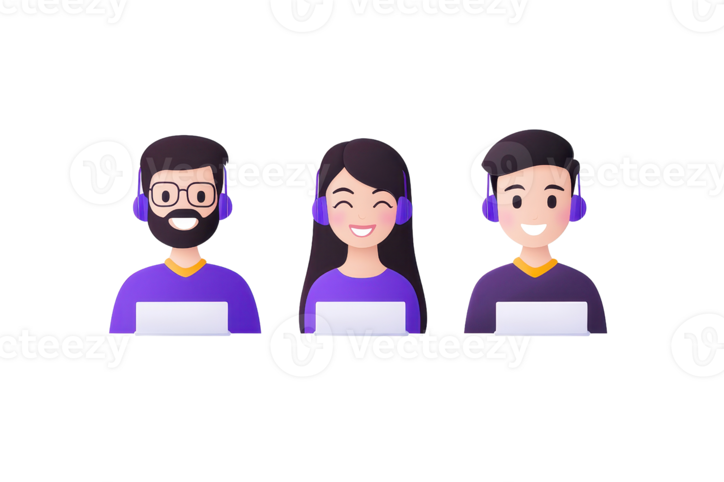 Three diverse characters wearing headphones, smiling, and holding laptops, representing a lively and engaging online interaction. png