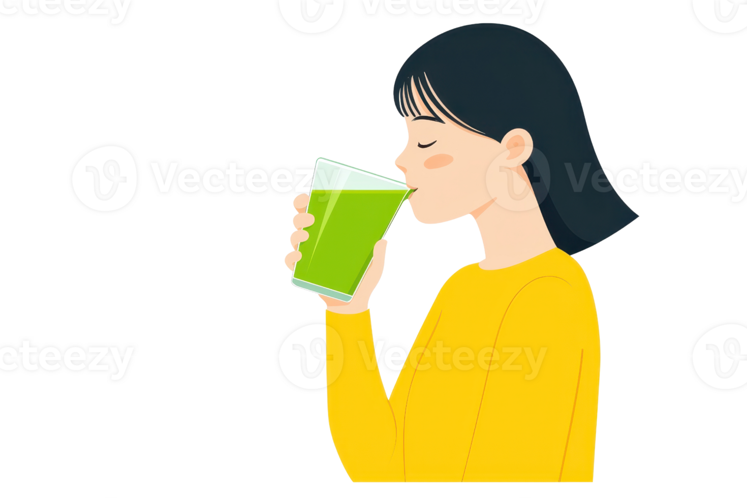 A woman in a yellow sweater drinks a green beverage, savoring the moment with a content expression. png
