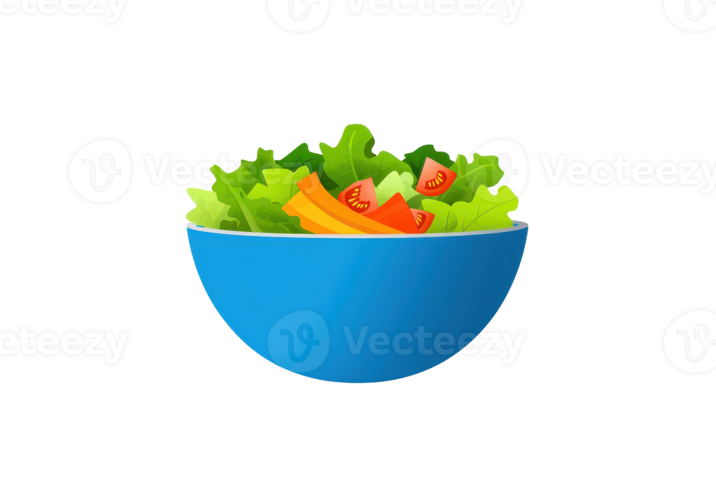A vibrant blue bowl filled with fresh green lettuce, colorful tomatoes, and crispy carrots. png