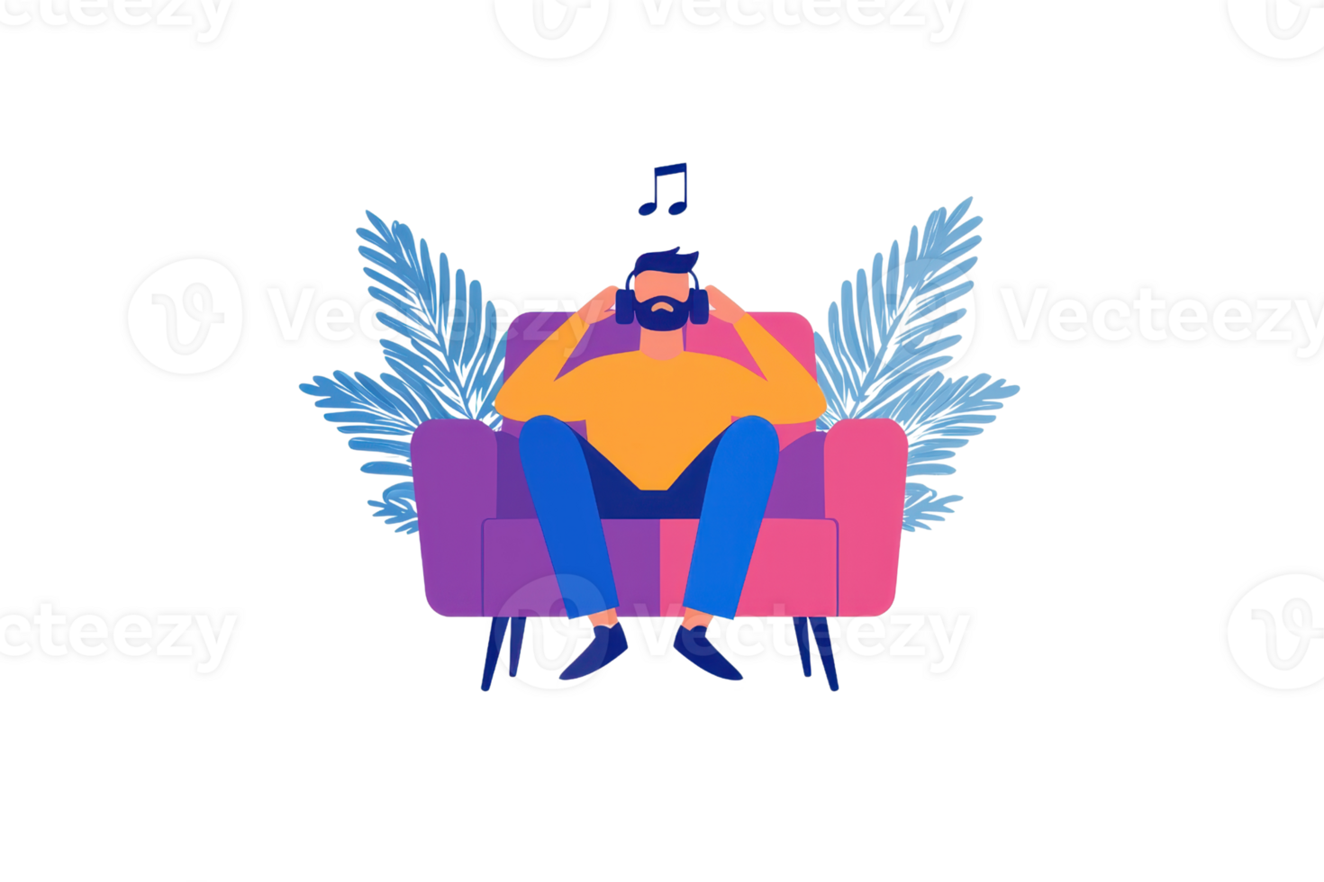 A person sitting on a colorful couch, enjoying music with headphones, surrounded by stylized foliage. png