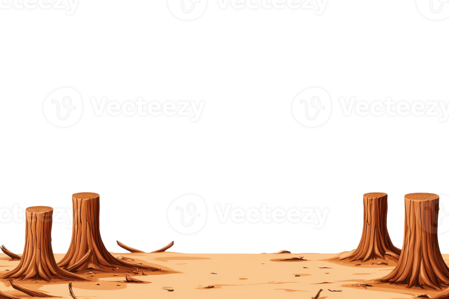 The image depicts a barren landscape with tree stumps on a sandy ground, emphasizing deforestation and environmental impact. png