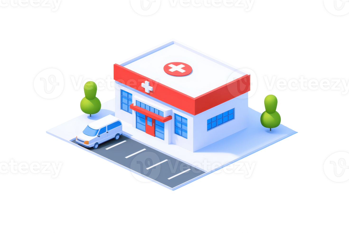 A small, modern hospital building with a red cross symbol, featuring large windows, a parking area, and surrounded by green trees. png