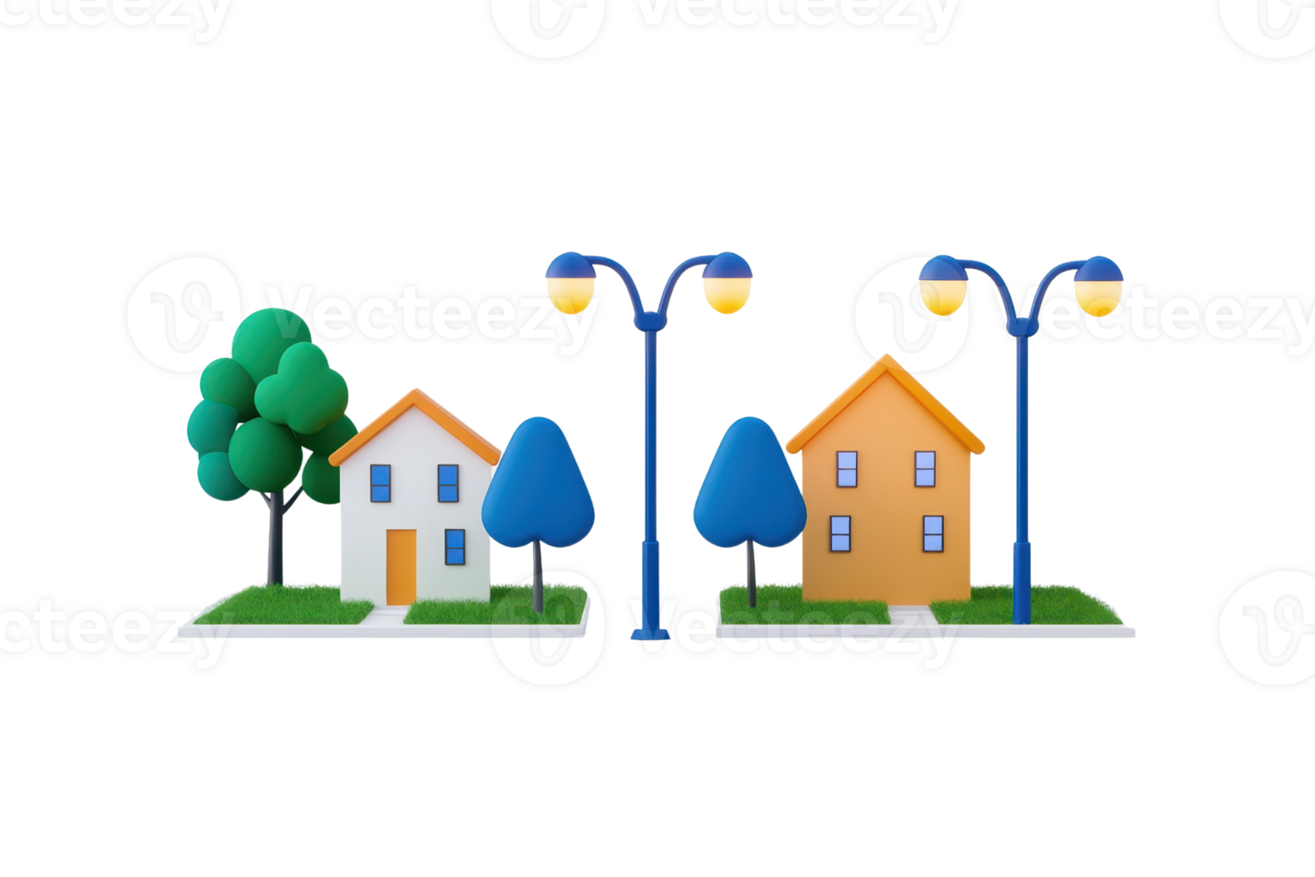 Two colorful houses with trees and street lamps, depicting a cheerful neighborhood scene. png