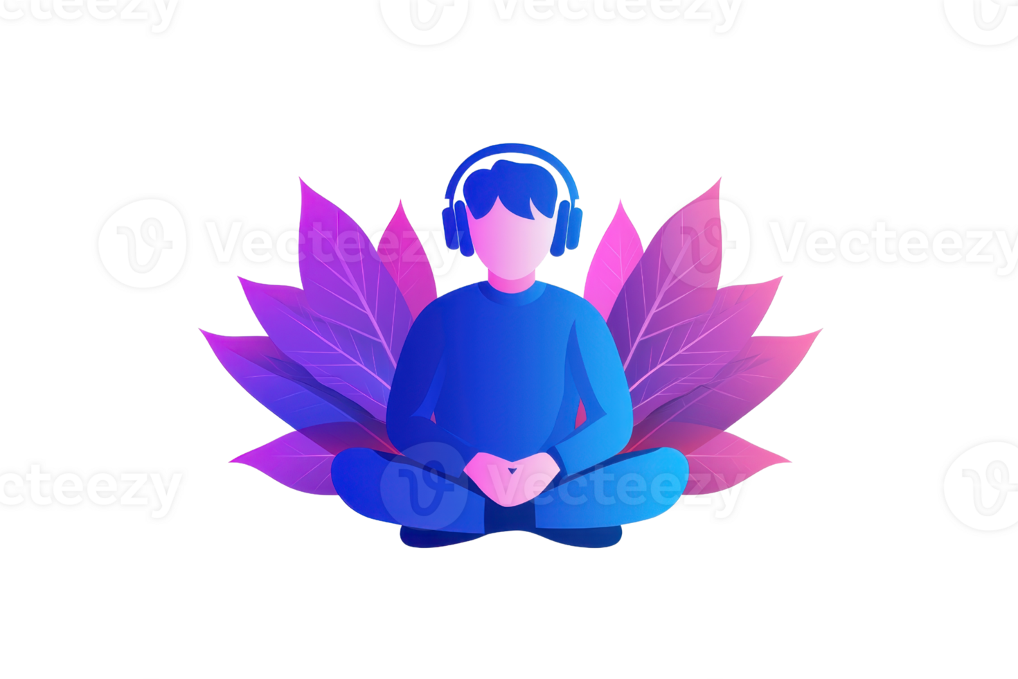 A serene figure wearing headphones sits cross-legged, surrounded by vibrant leaves, embodying relaxation and mindfulness. png