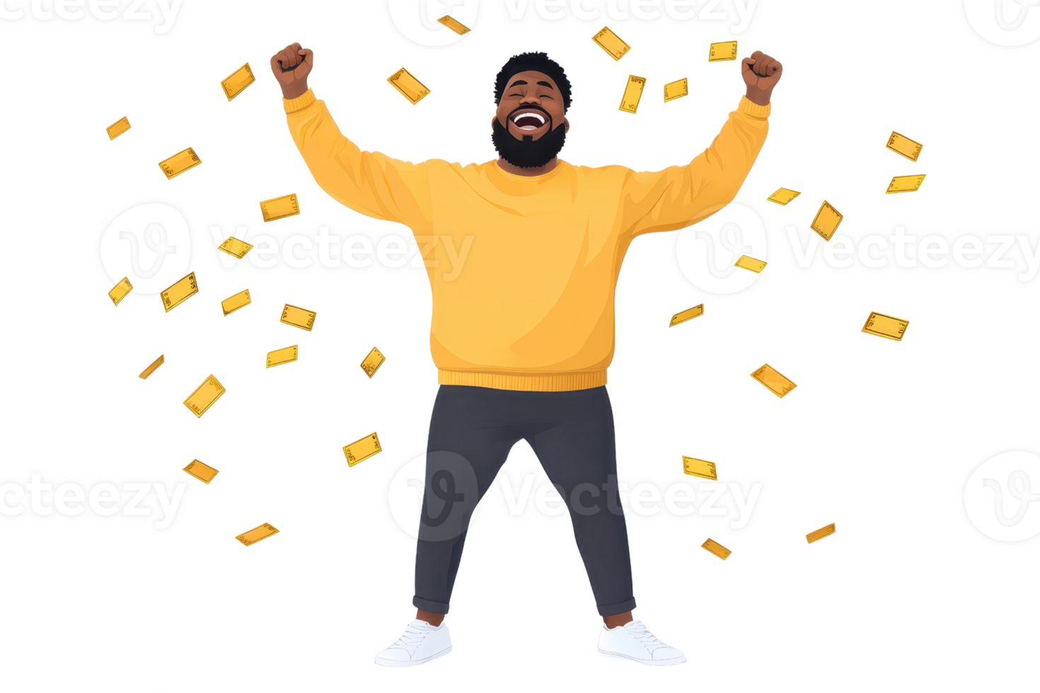 A joyful person in a yellow sweater celebrates with arms raised, surrounded by floating cash. png