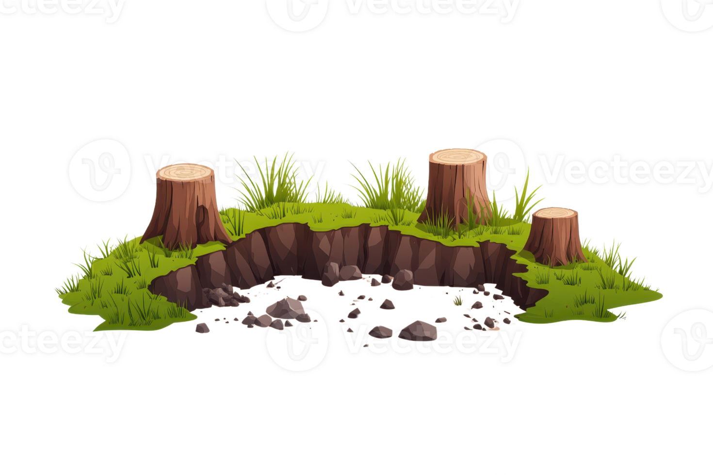 A cluster of tree stumps surrounded by grass and a dark, rocky hole in the ground, suggesting an area of disturbance or excavation. png
