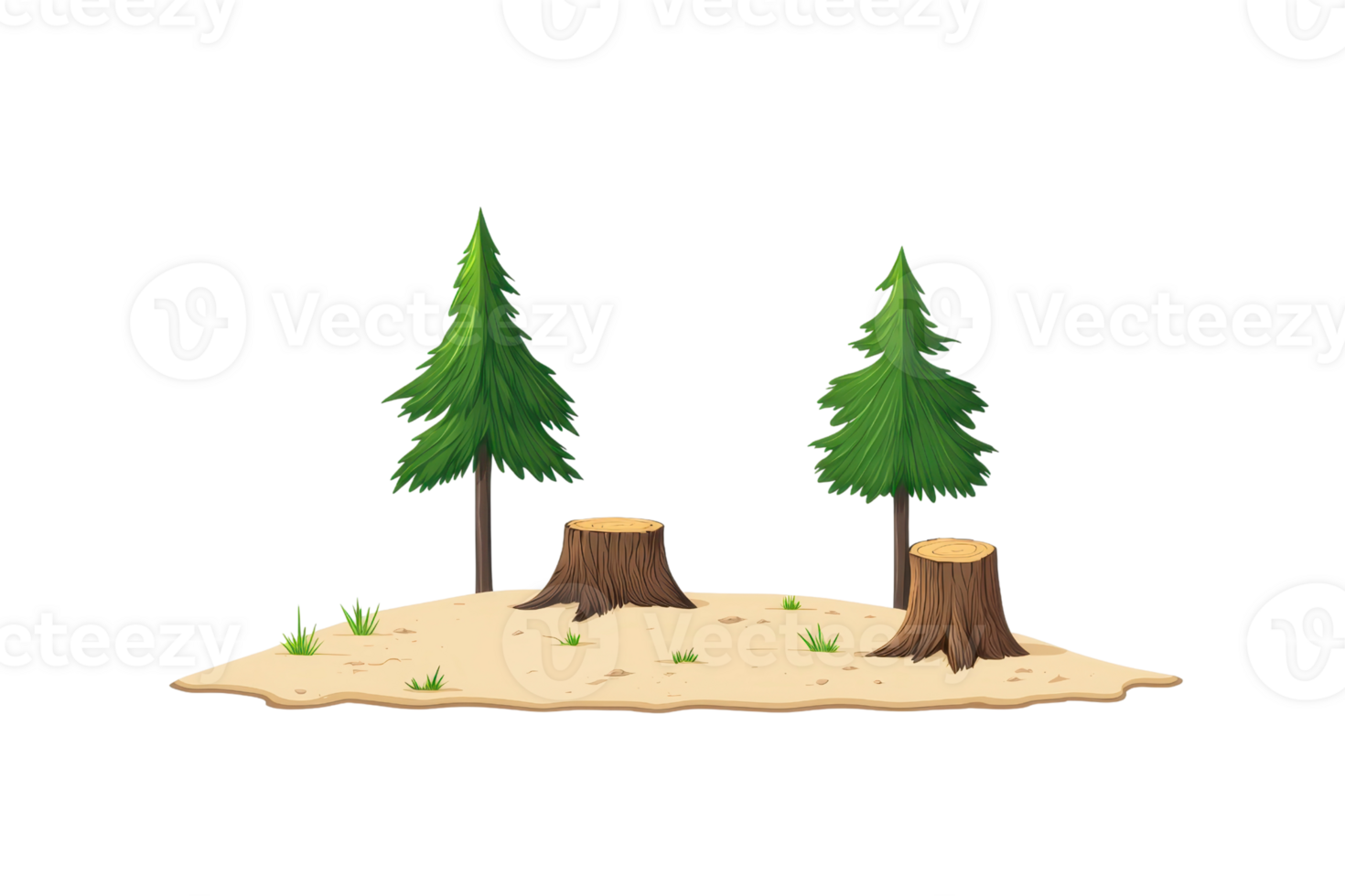 Two green trees and two tree stumps on a small patch of sandy ground, showcasing a natural scene. png