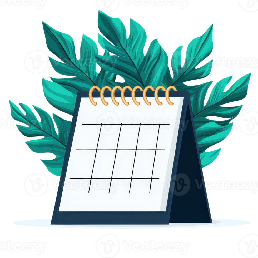 A stylish desk calendar displayed with decorative green leaves, featuring a blank grid layout for scheduling. png
