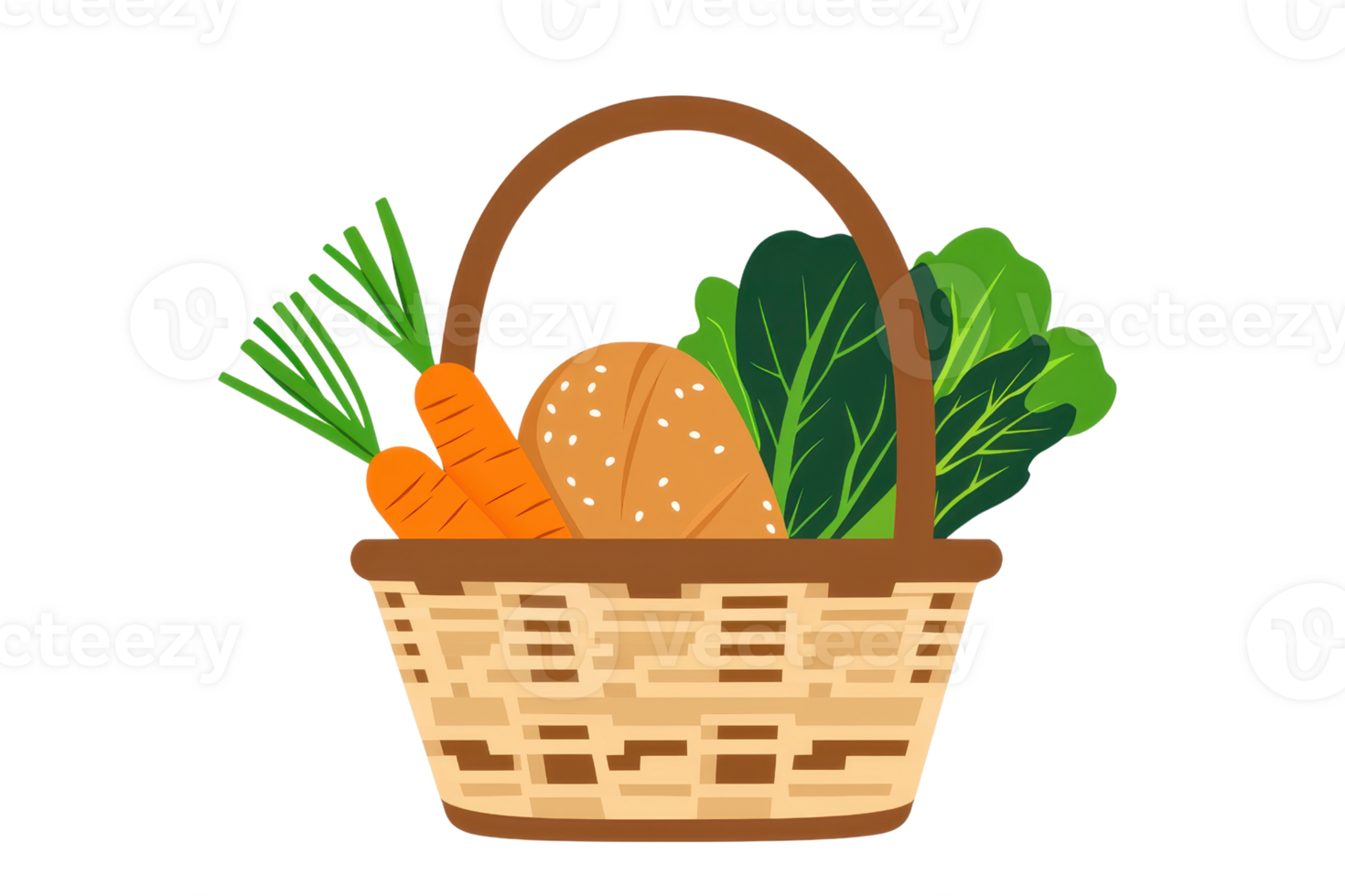 Illustrated wicker basket containing fresh carrots, leafy greens, and bread, representing healthy eating and fresh produce. png