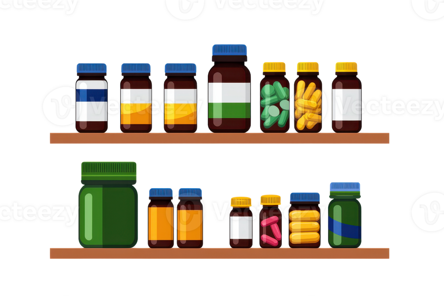 A collection of assorted jars and bottles, including vitamins and supplements, neatly arranged on wooden shelves. png