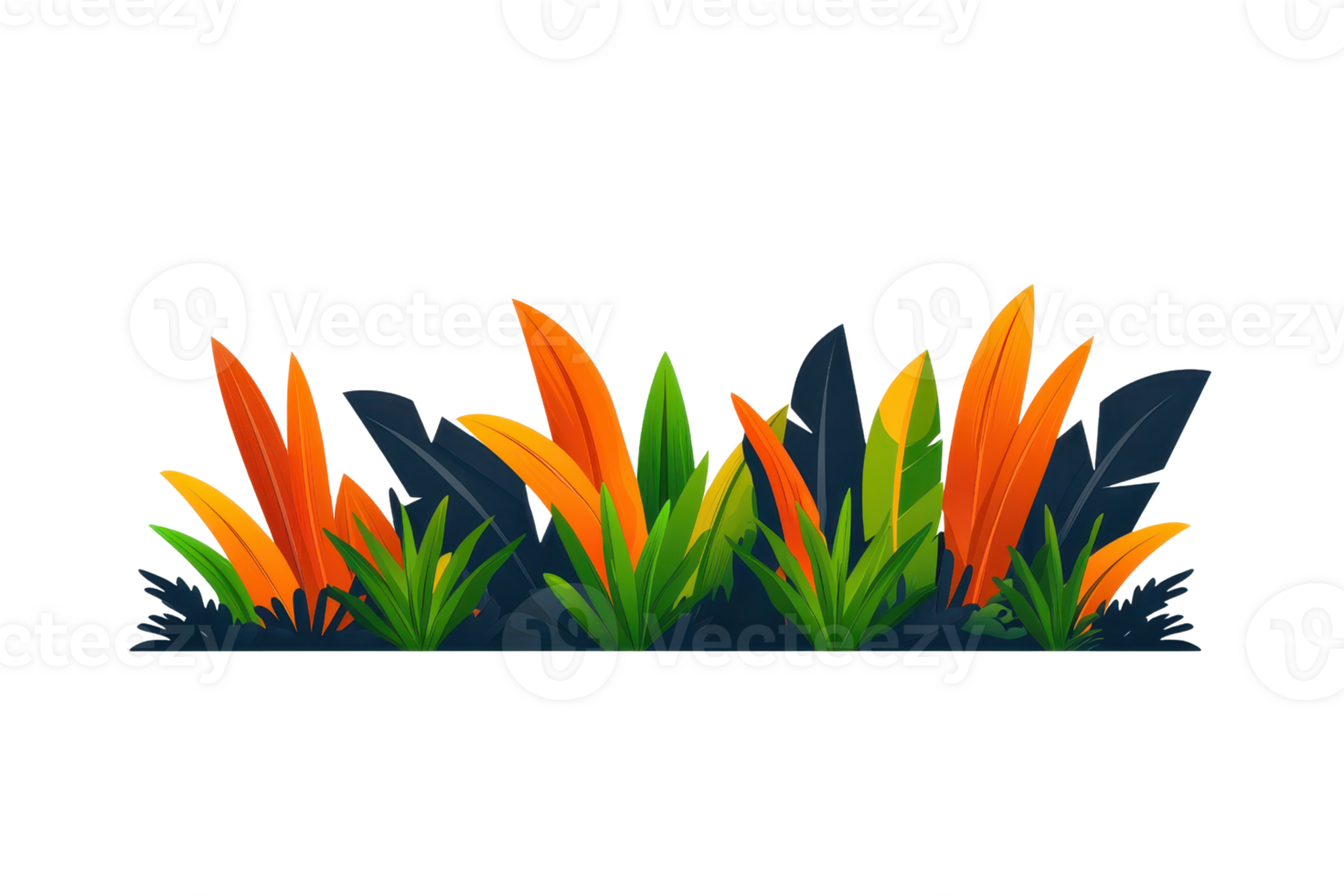 A vibrant arrangement of stylized plants featuring bold orange and green foliage, creating an eye-catching, colorful display. png