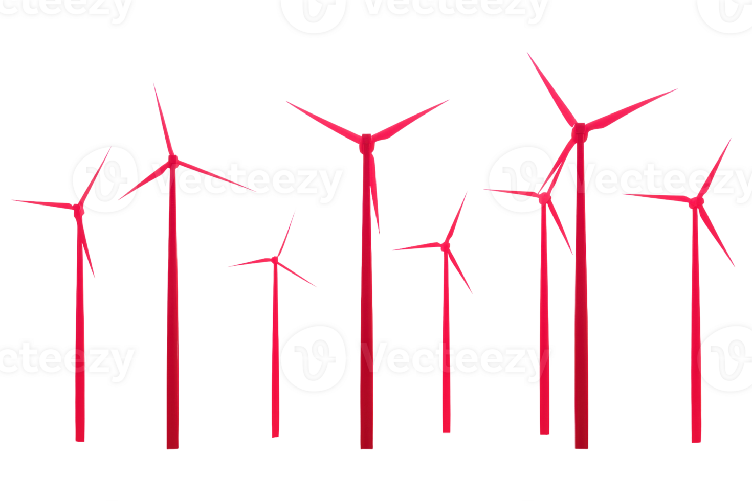 A collection of wind turbines in a striking red color, arranged in varying heights. png