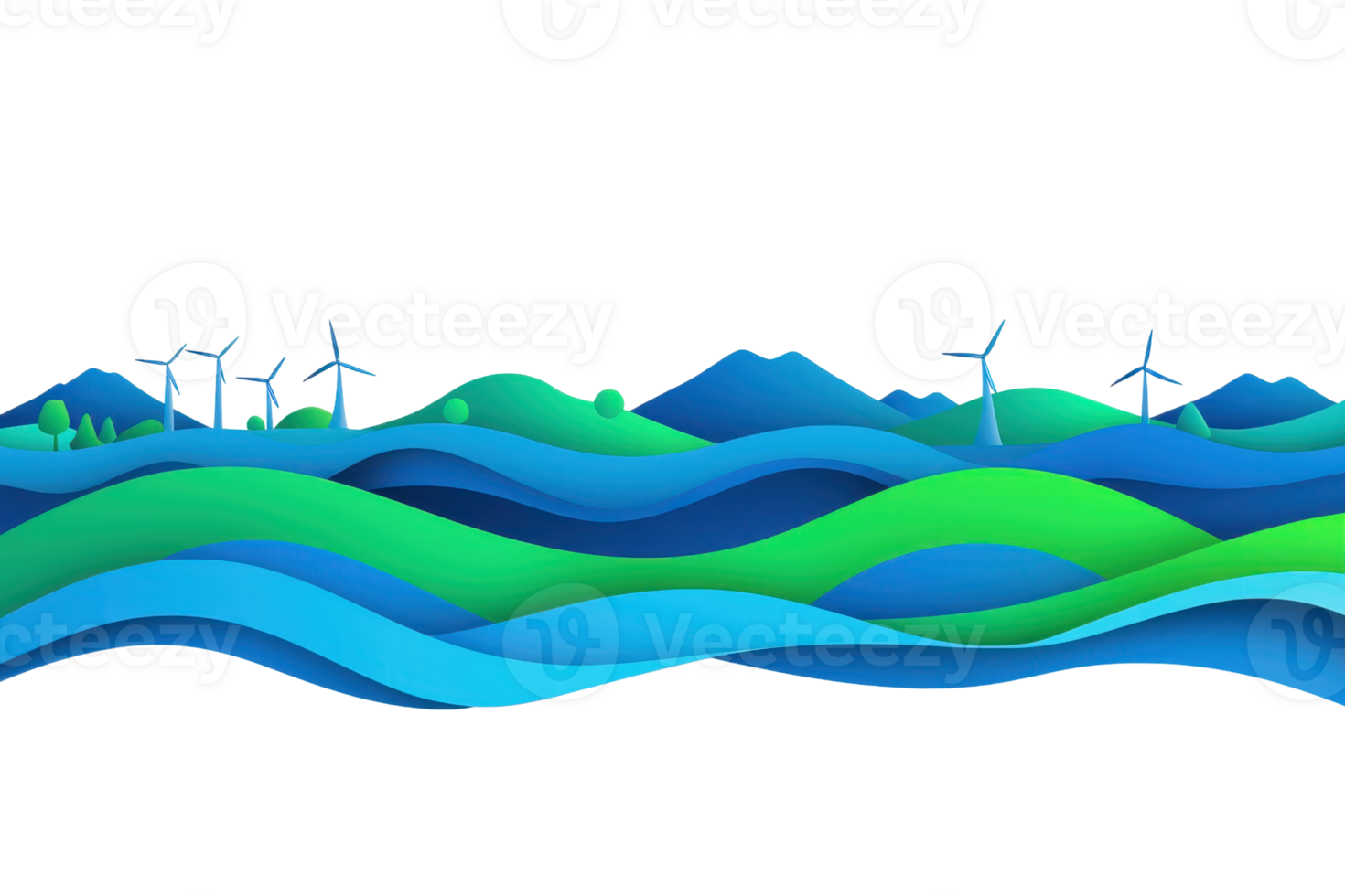 A vibrant, layered landscape featuring rolling hills, wind turbines, and waves in shades of blue and green. png