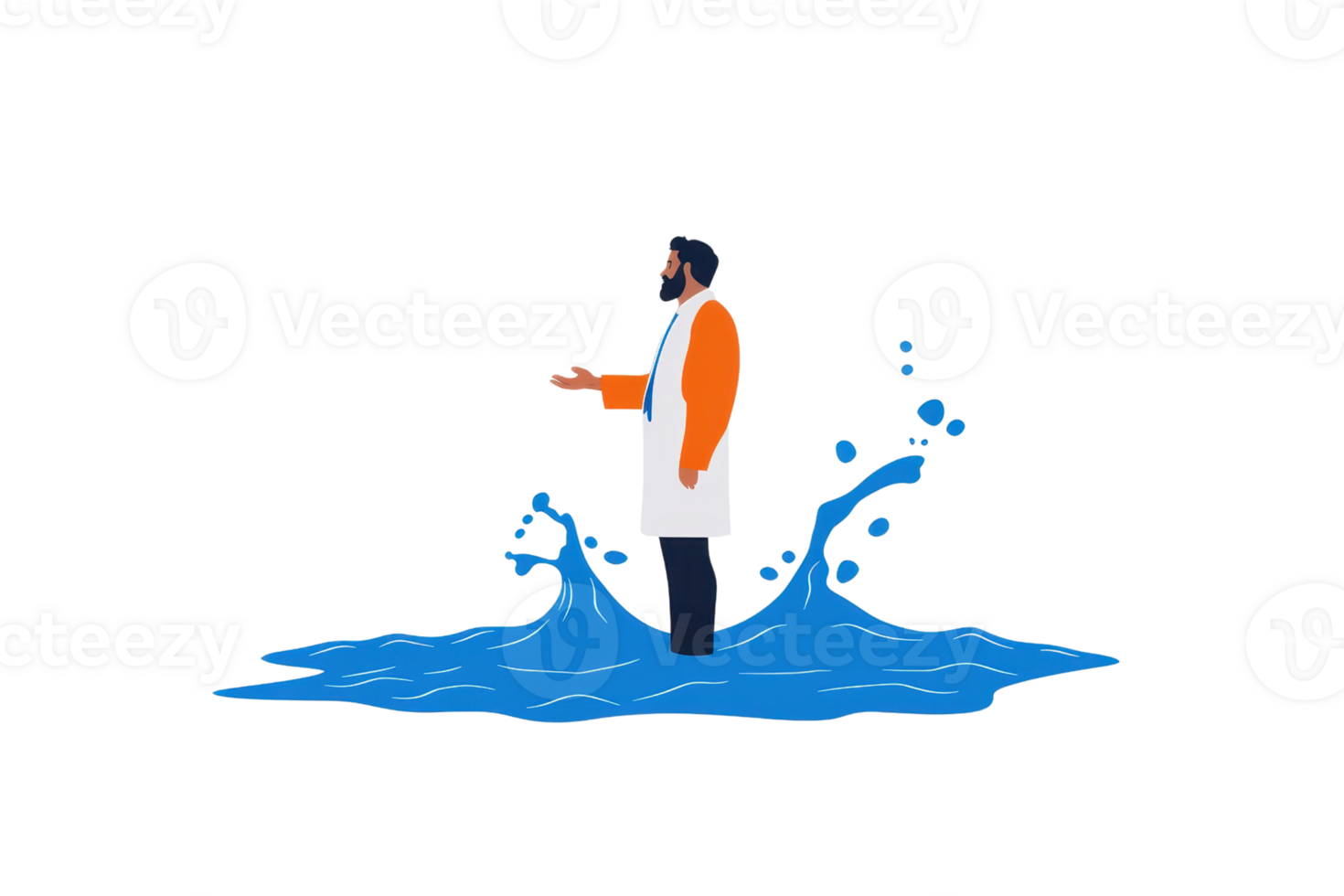 A man in an orange and white outfit stands in a pool of water, gesturing with one hand, surrounded by splashes. png
