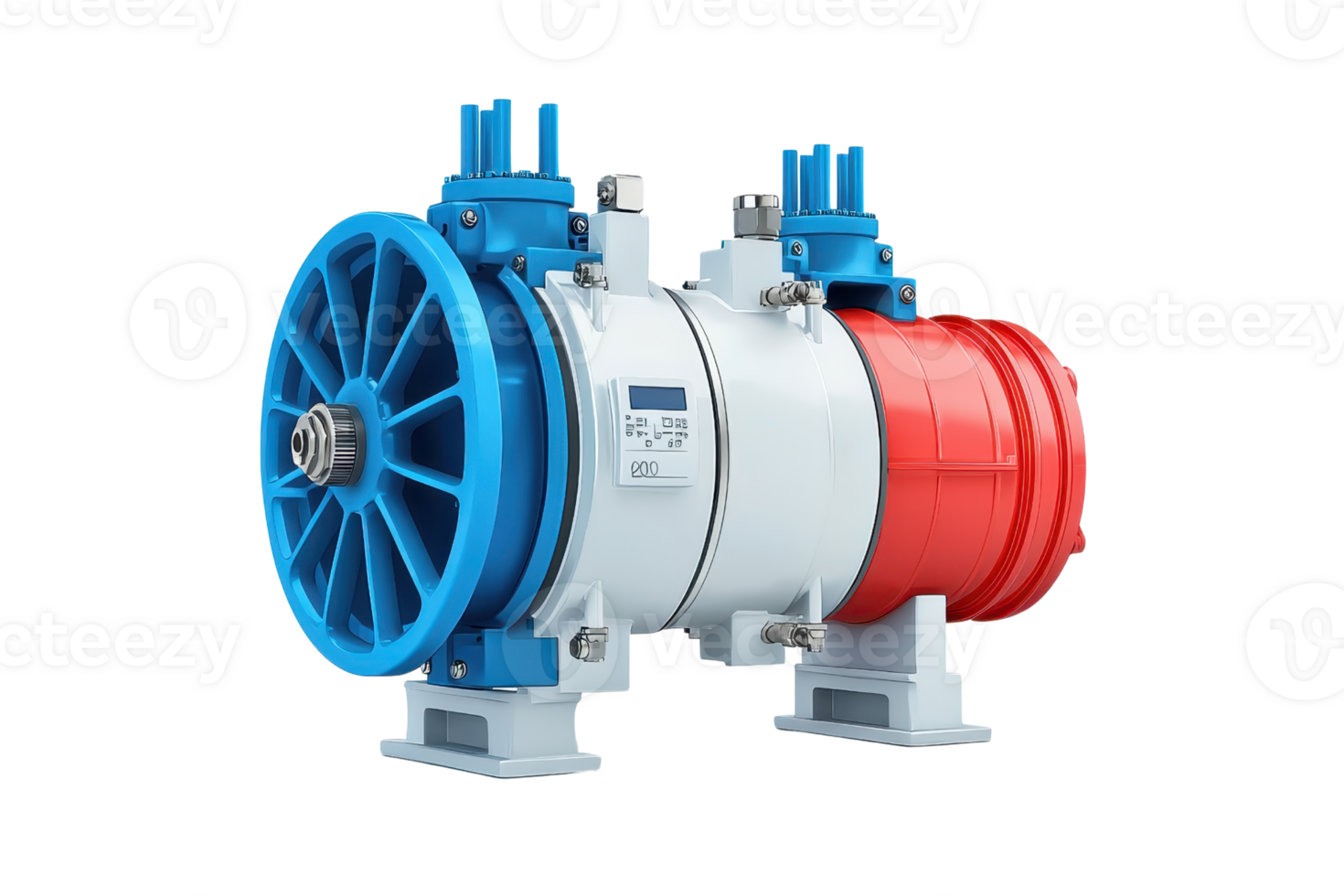 A multi-colored pump featuring blue and red components with a central white body, designed for fluid transfer applications. png