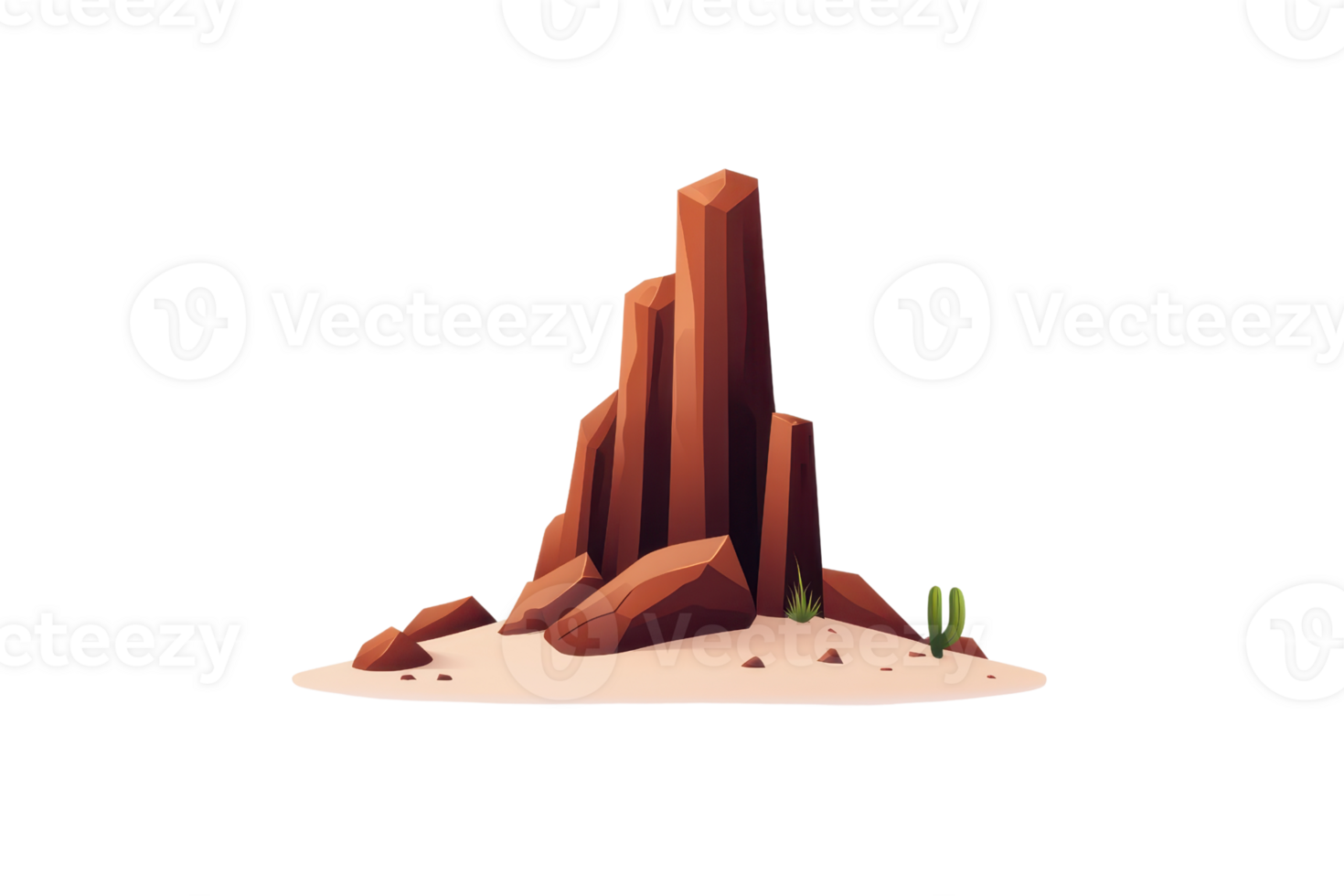 A tall, jagged rock formation stands on a sandy surface, accentuated by scattered smaller rocks and a few cacti. png