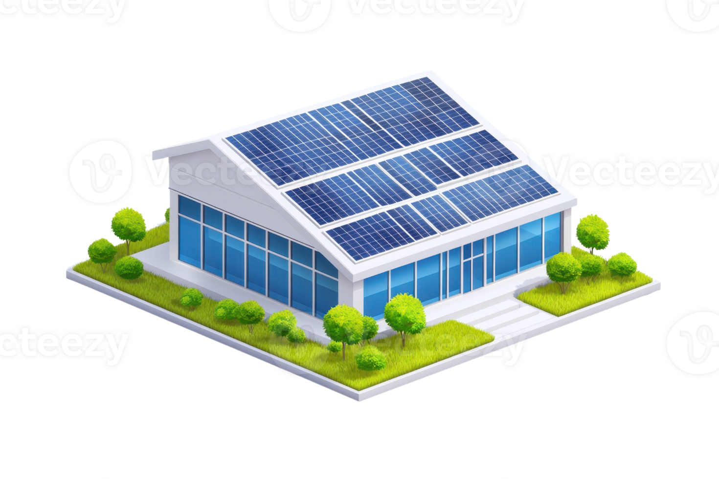 A modern house design featuring solar panels, surrounded by greenery, showcasing eco-friendly architecture. png
