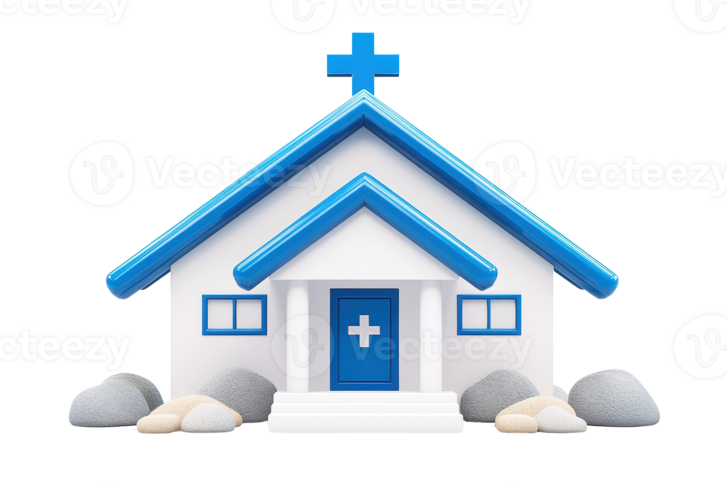 A small, stylized church with a blue roof and cross symbolizing faith and community. png