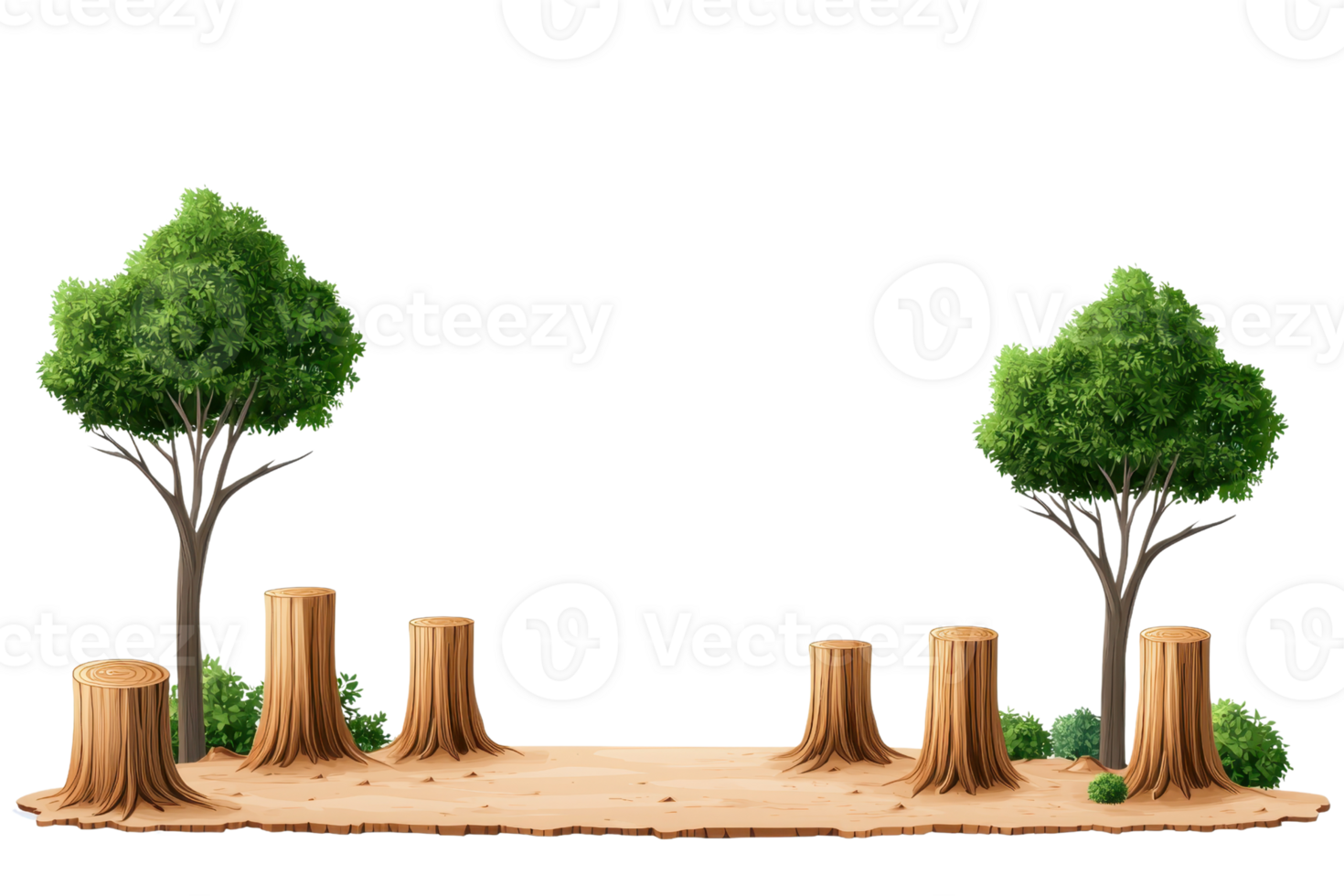 A pair of leafy trees flanks several tree stumps arranged on a sandy surface, creating a natural setting. png