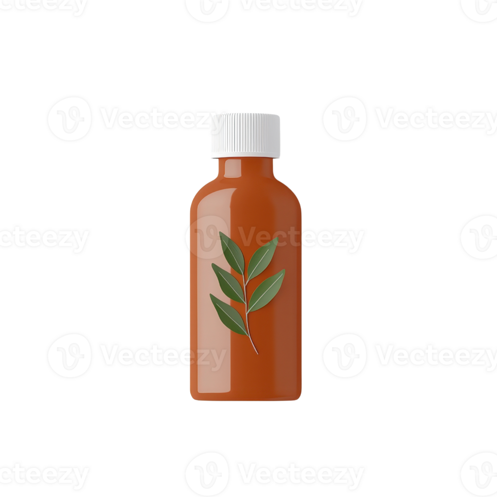A brown bottle with a white cap adorned with a green leaf design. png