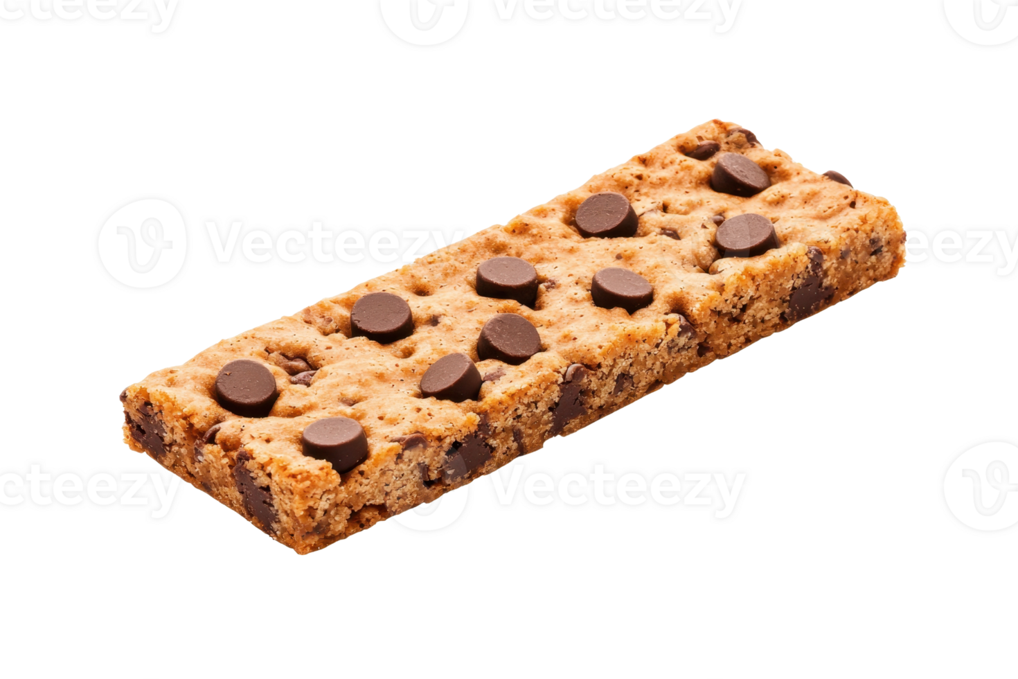 A chocolate chip granola bar featuring a crunchy texture with chocolate pieces scattered on top. png