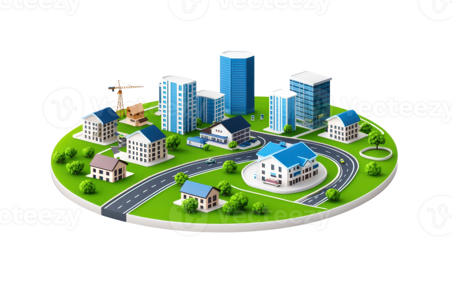 A vibrant miniature cityscape featuring tall buildings, houses, a winding road, and greenery, creating a lively urban environment. png