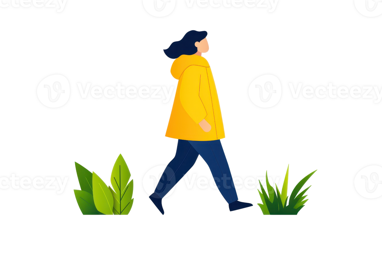 A person in a yellow raincoat walks alongside green plants, showcasing a sense of exploration and connection with nature. png