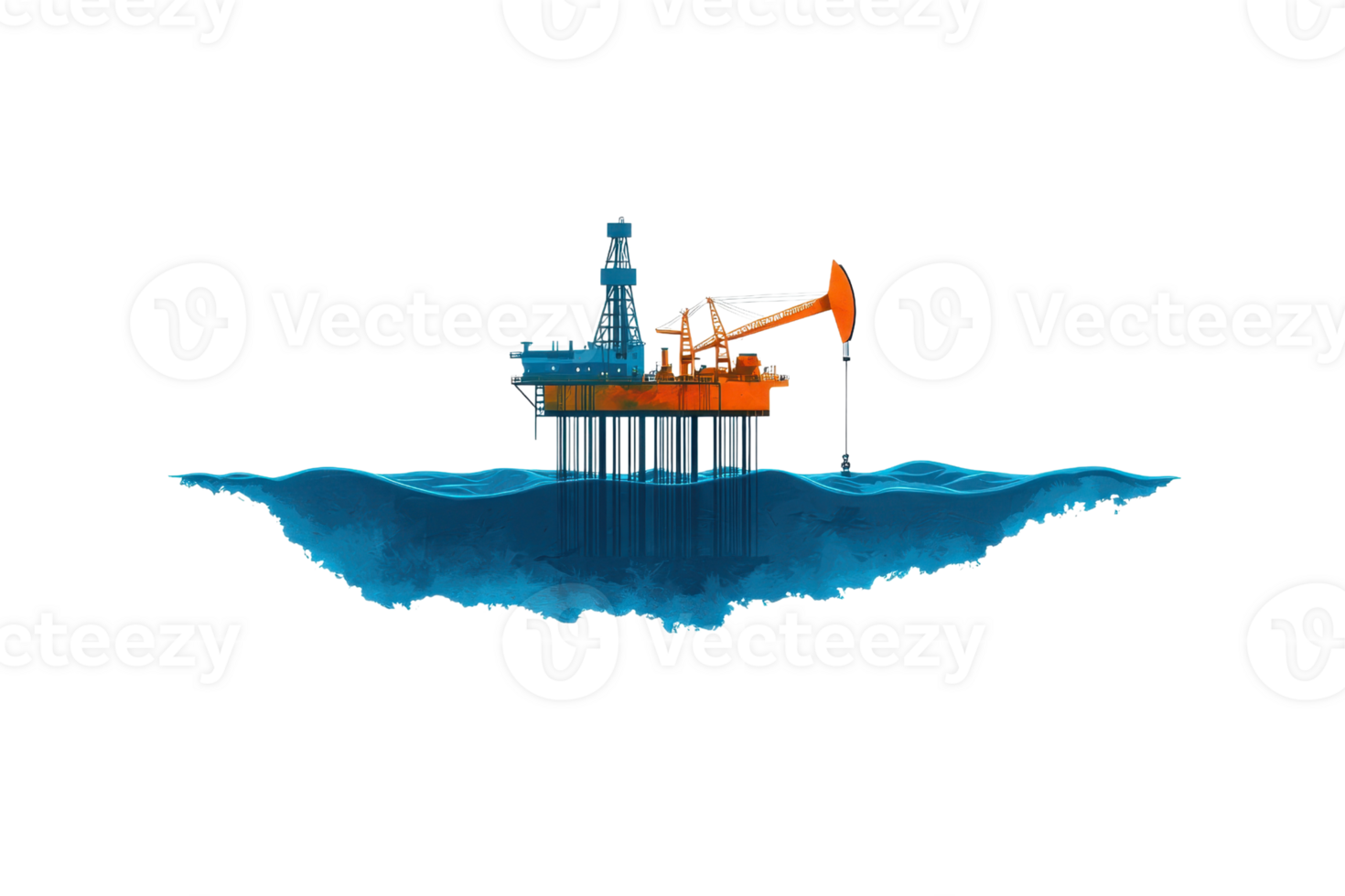 An oil rig extracting resources from beneath the ocean, featuring a drilling apparatus and connected pipelines. png