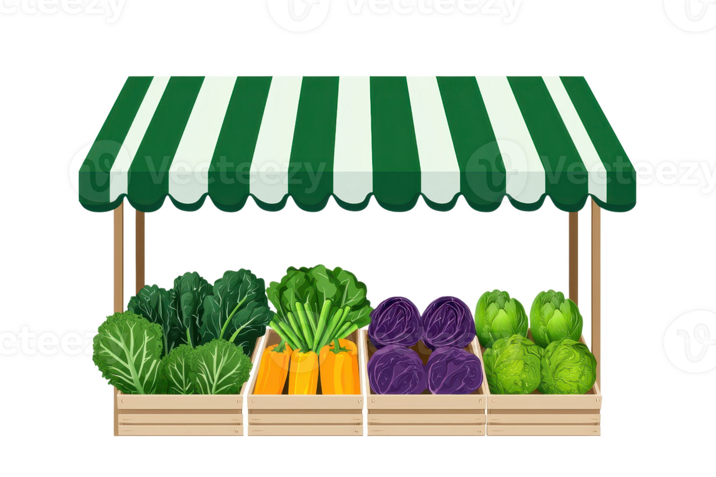 A colorful market stall featuring various fresh vegetables, including leafy greens, carrots, and purple cabbage. png