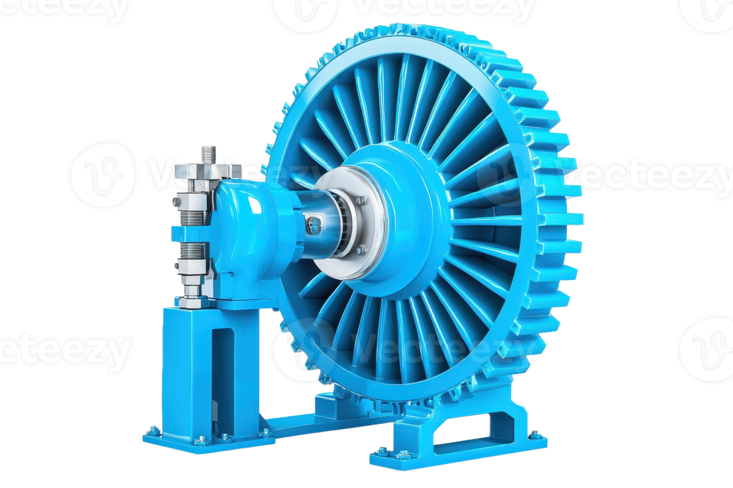 A vibrant blue turbine with fan-like blades and a central shaft, designed for mechanical power generation. png