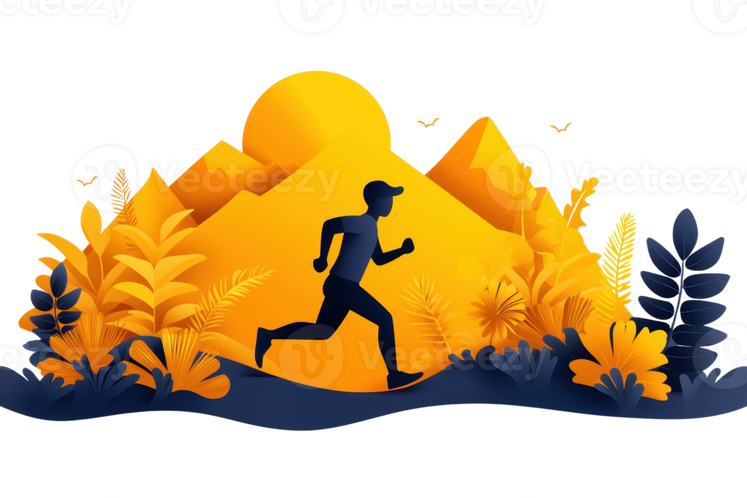 A silhouette of a runner in motion, with stylized mountains and foliage in vibrant yellow and blue hues. png