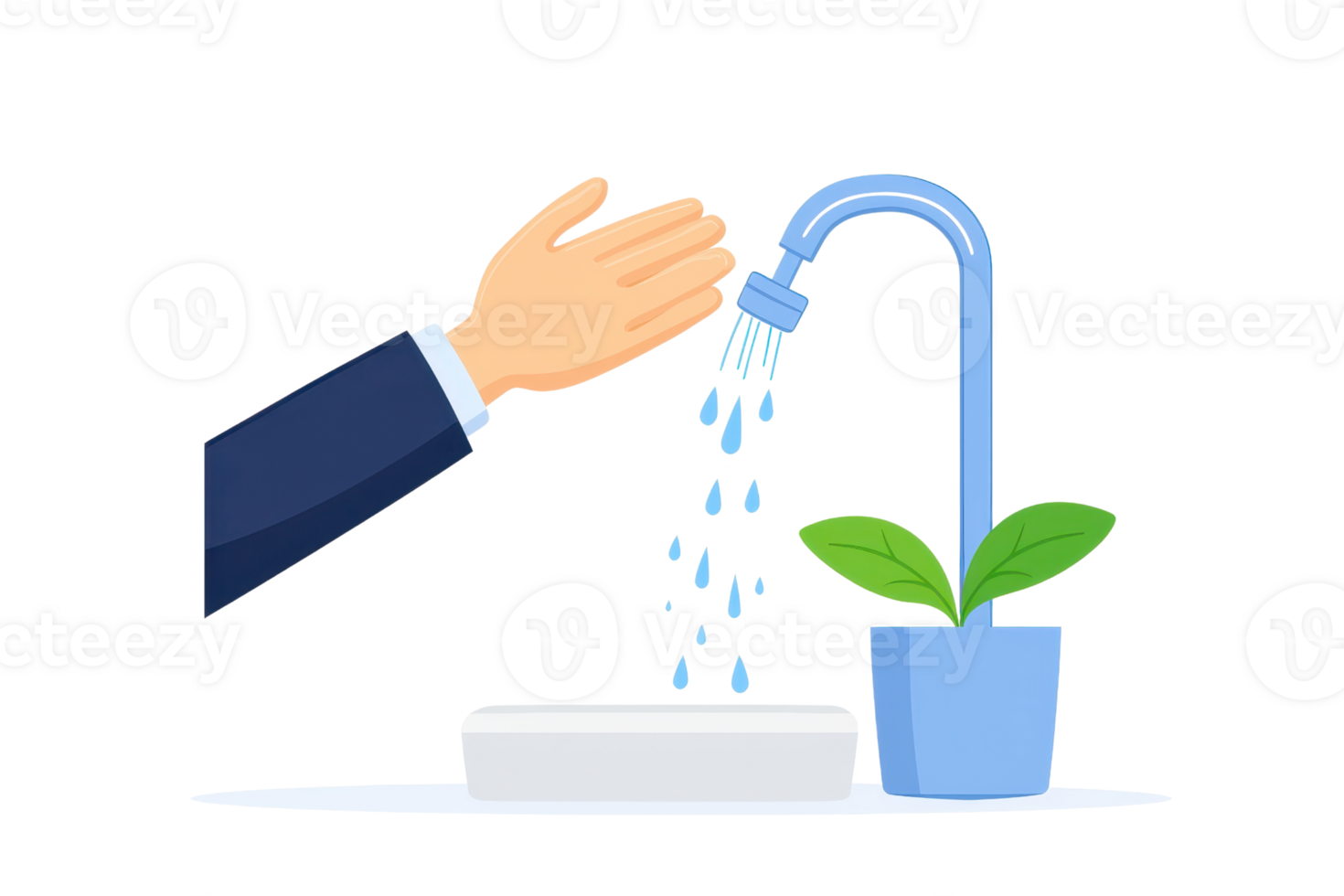 A hand is watering a green plant using a faucet, demonstrating care and nurturing of indoor plants. png