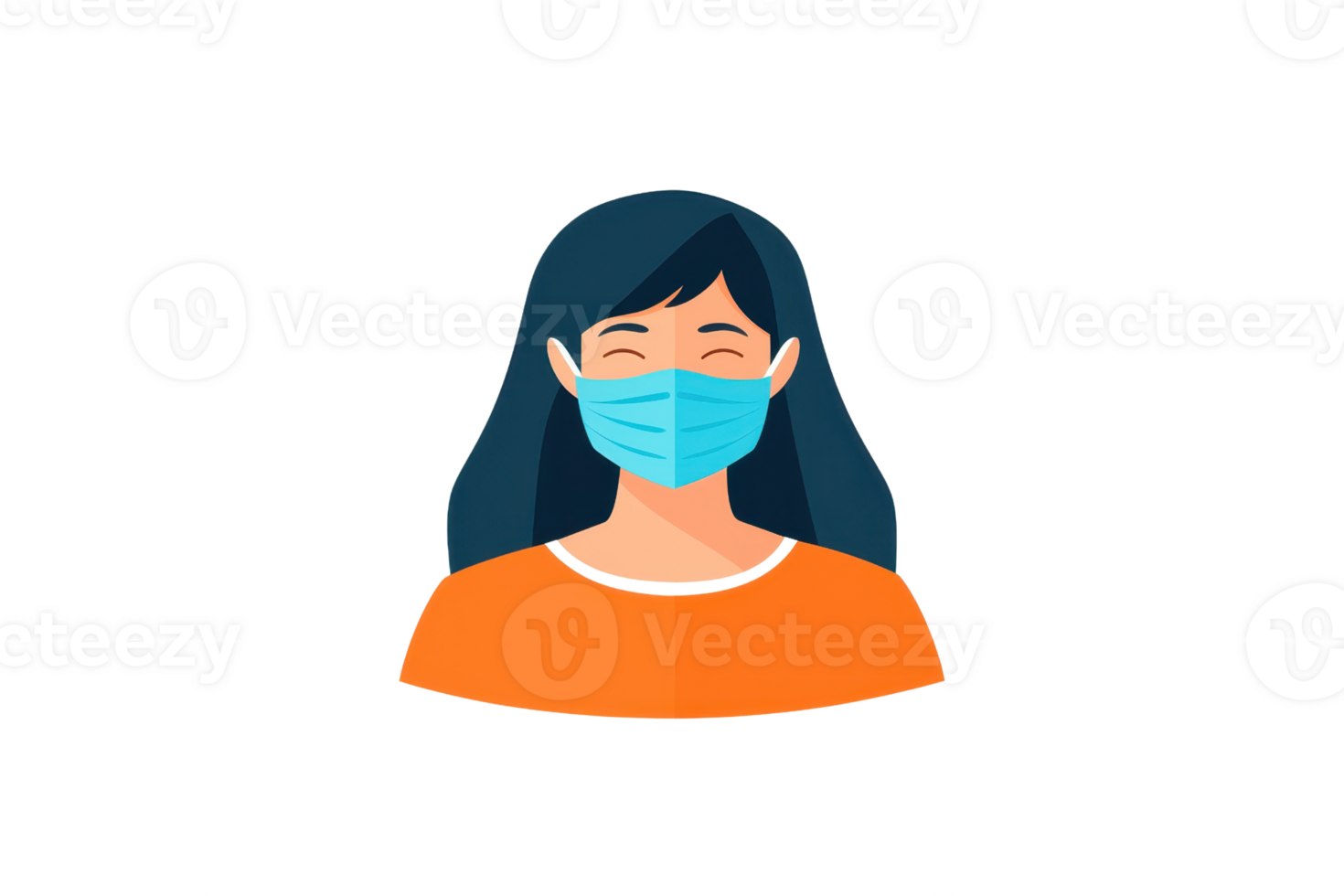 A smiling woman with long hair wearing a blue face mask and an orange shirt. png