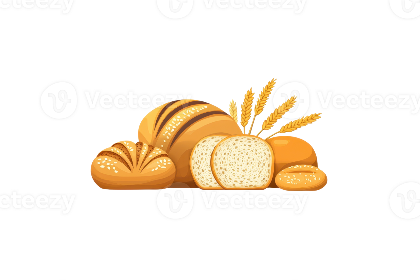 A variety of artisanal bread loaves and rolls with golden crusts and wheat stalks, showcasing their textures and shapes. png