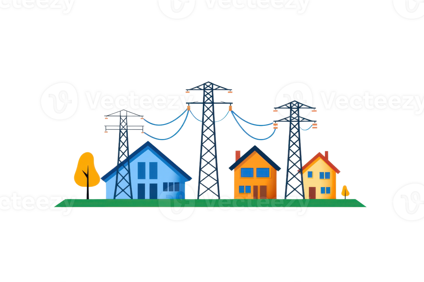 Illustration of colorful houses with power lines, showcasing urban living and energy infrastructure. png
