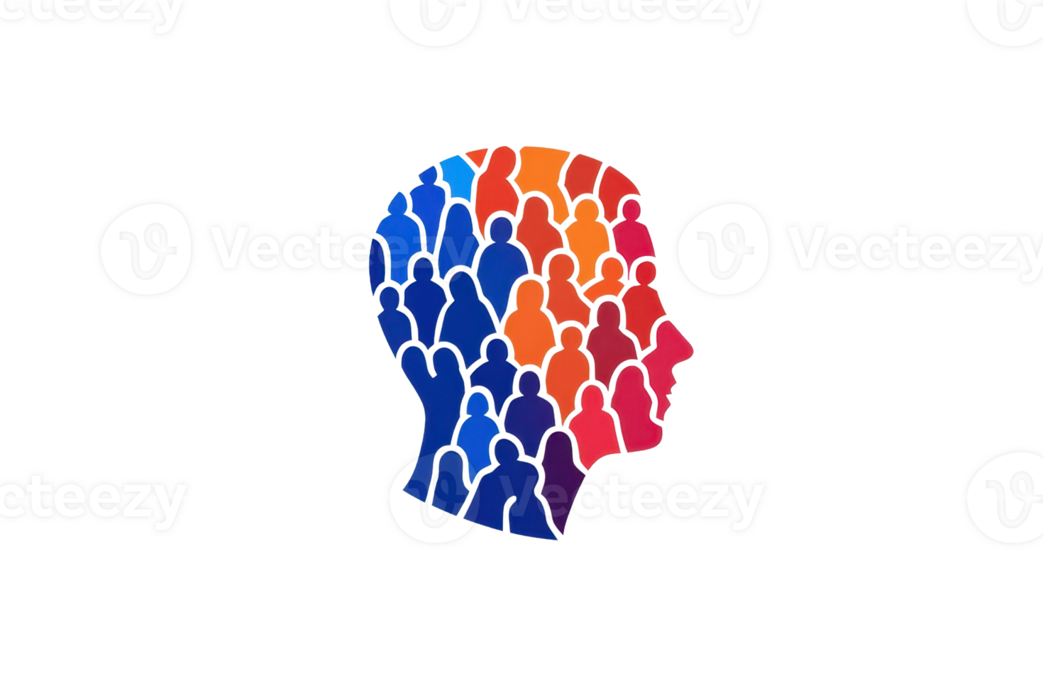 A colorful silhouette of a head filled with numerous overlapping human figures, symbolizing community and collective identity. png