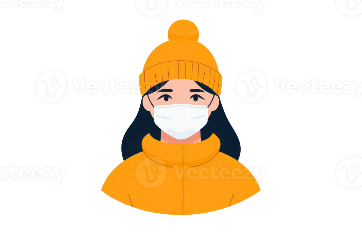 A young woman wearing an orange beanie and coat, with a white mask covering her mouth and nose. png