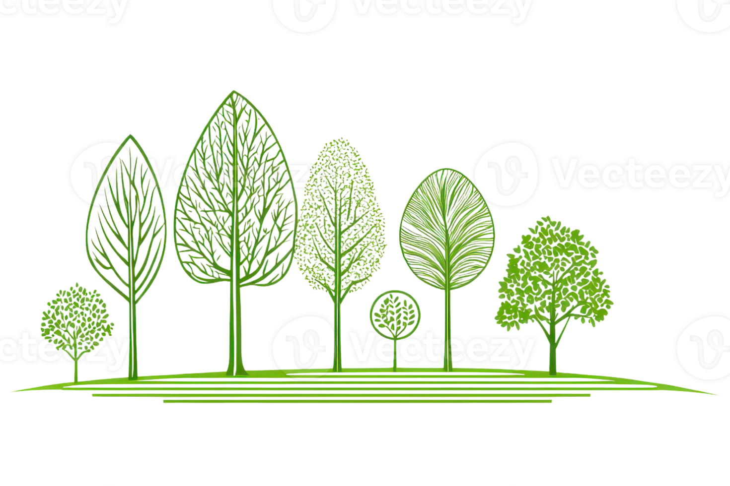 A variety of stylized green trees displayed in different shapes and sizes, showcasing their unique leaf patterns and structures. png