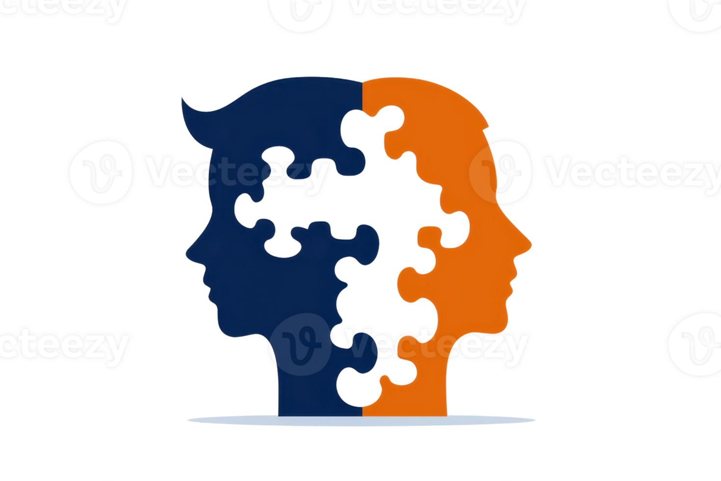Two stylized profiles in contrasting colors, representing unity and connection through interlocking puzzle pieces. png