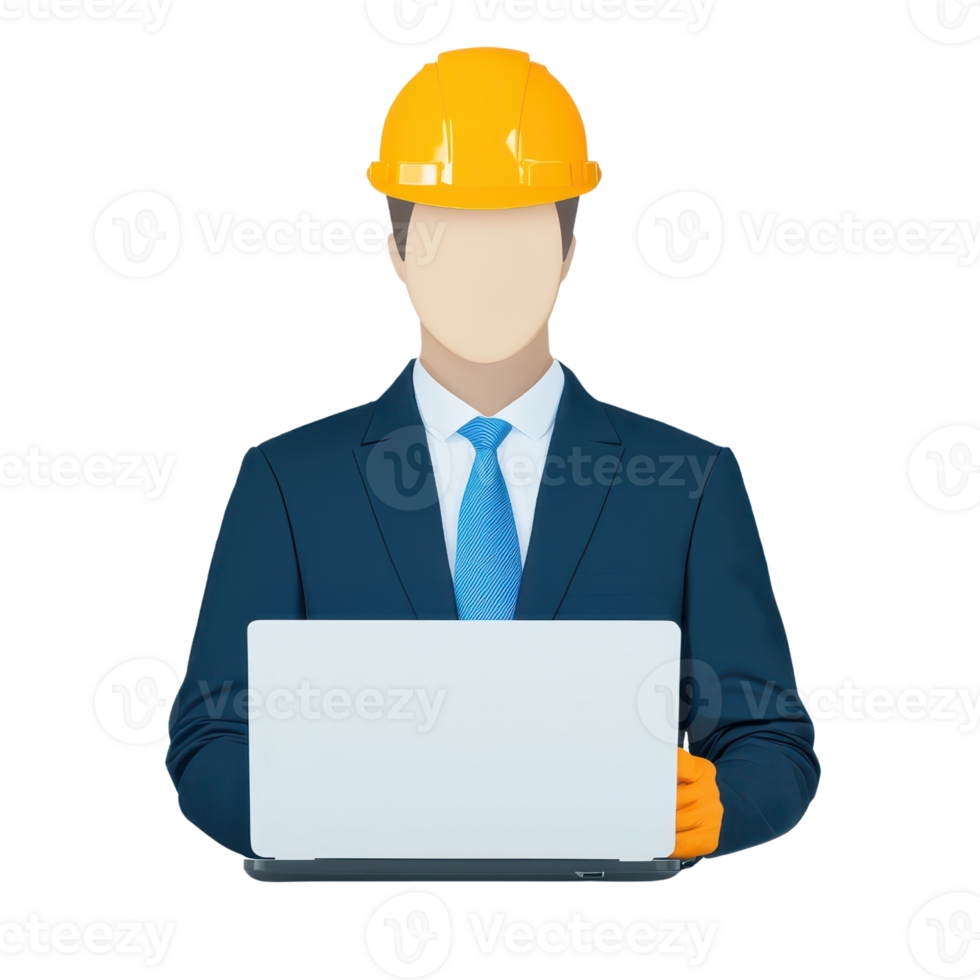 A professional wearing a suit and hard hat, operating a laptop. png