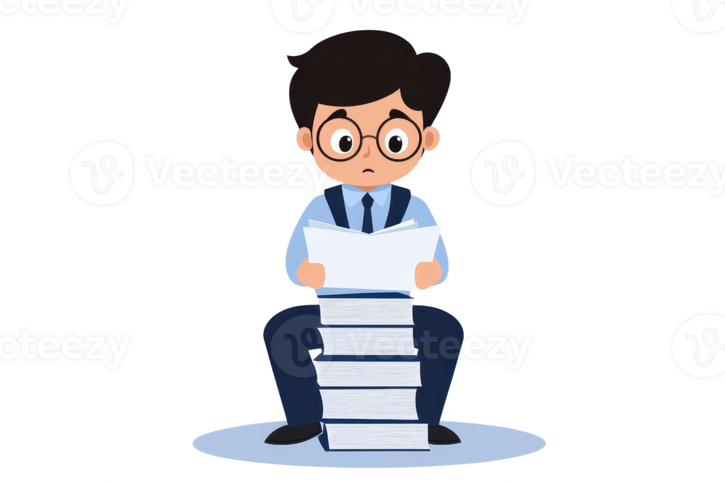 A young boy wearing glasses sits on a stack of papers, intently examining a sheet he holds in his hands. png